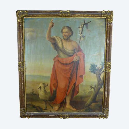 Grande dipinto del XIX secolo "San Giovanni Battista e l'agnello mistico", cornice del XVII secolo