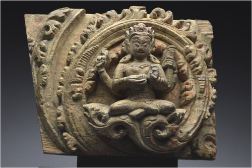 Nepal, 14th-15th century, Solid wood panel representing Vishnu's shakti