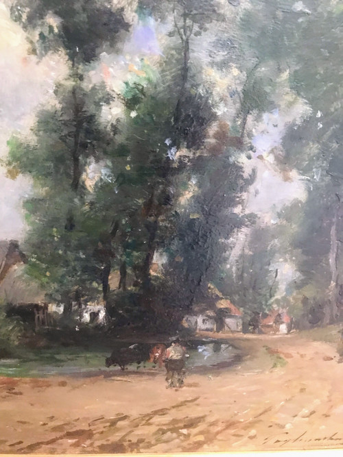 Cows drinking from the pond in front of a hamlet, with 2 figures, Julien-Gustave Gagliardini (1846-1927)