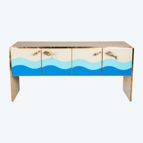 Credenza In Vetro Di Murano E Ottone, XX Secolo