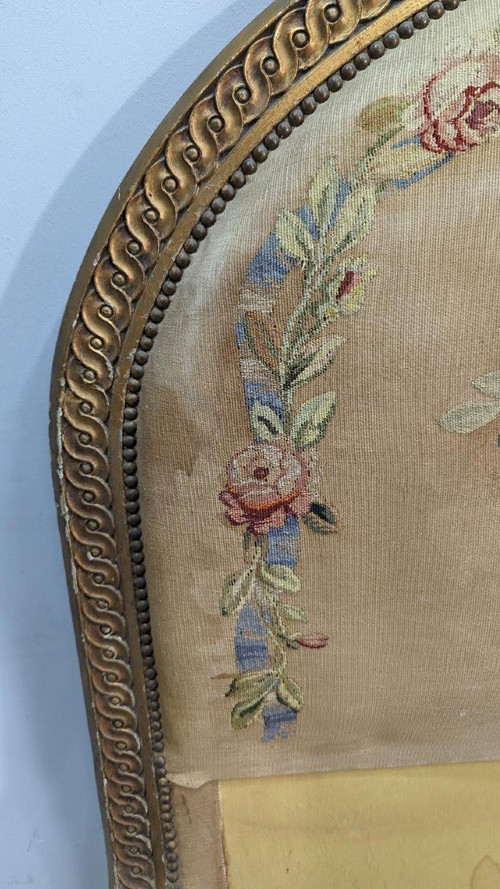 Lit De Style Louis XVI Laqué Et Doré Tapisserie Florale époque 1900