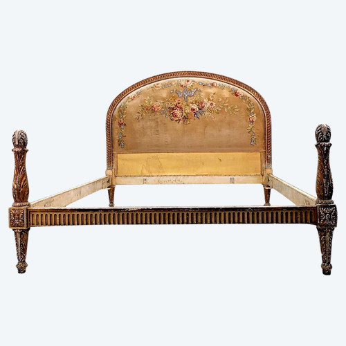 Lit De Style Louis XVI Laqué Et Doré Tapisserie Florale époque 1900