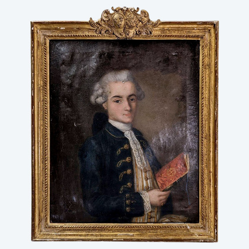 Hst, Presumed Portrait Of Louis De France As A Child 18th Century, Golden Wood Frame Coat Of Arms