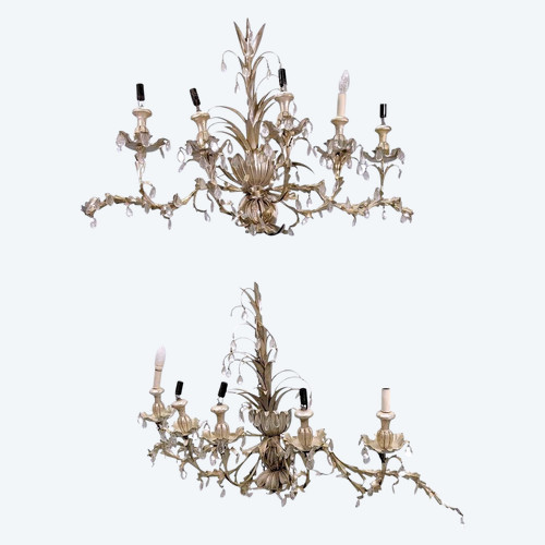 Large Pair Of Sconces In Patinated Sheet Metal With Spikes In The Spirit Of Maison Jansen