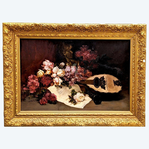 Öl auf Leinwand Stillleben mit Rosen und Flieder, signiert Baudin, 19. Jahrhundert