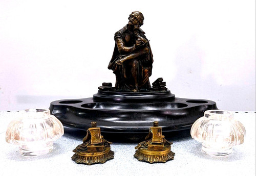 Rare Inkwell In Bronze And Black Marble With Integrated Bell System XIXth