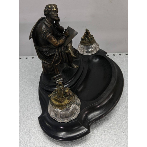 Rare Inkwell In Bronze And Black Marble With Integrated Bell System XIXth
