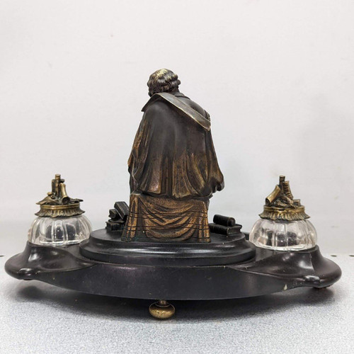 Rare Inkwell In Bronze And Black Marble With Integrated Bell System XIXth