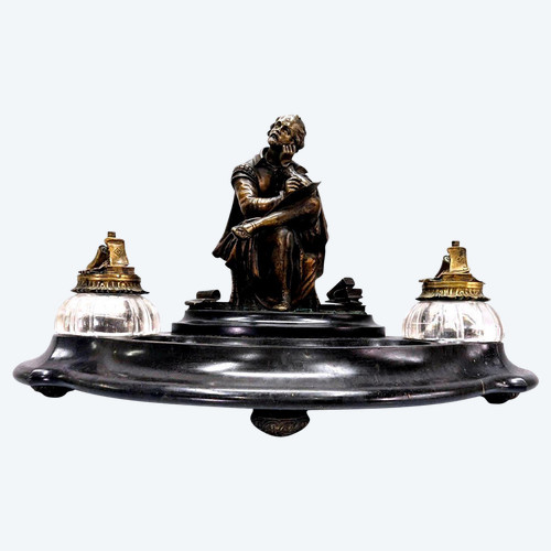 Rare Inkwell In Bronze And Black Marble With Integrated Bell System XIXth