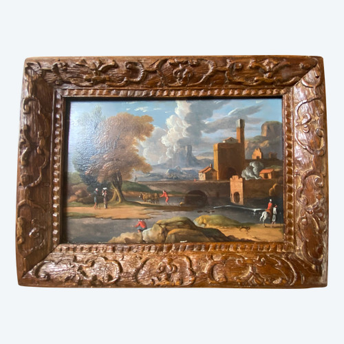 Paesaggio animato neoclassico del XVIII secolo. Olio su tavola di legno.
