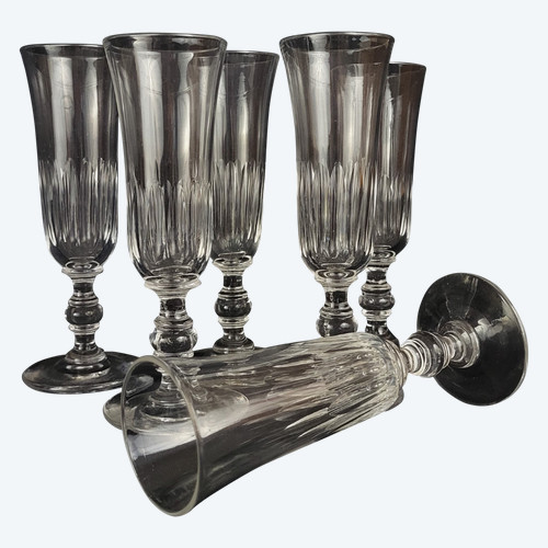 6 19th century crystal champagne flutes