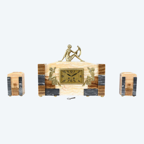 Kaminset aus Onyx und Bronze, gestempelt A. Gapaillard, Art Deco – 1920