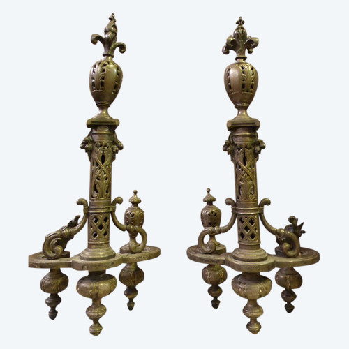 Pair Of Andirons In Silver Bronze