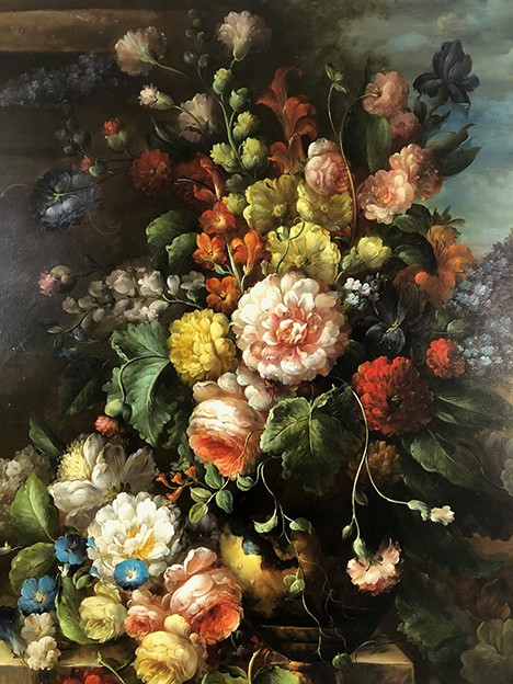 Large process on canvas enhanced by hand, bouquet of flowers on entablature