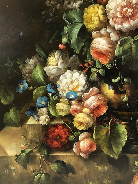Large process on canvas enhanced by hand, bouquet of flowers on entablature