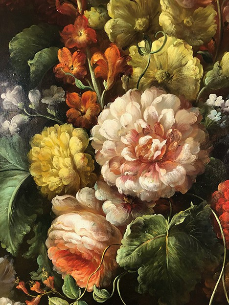 Large process on canvas enhanced by hand, bouquet of flowers on entablature