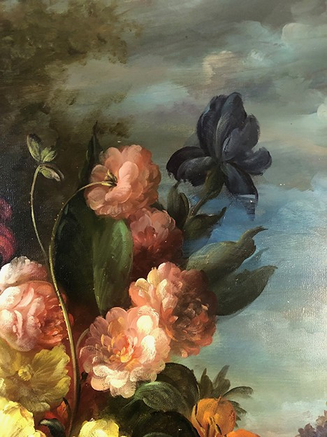 Large process on canvas enhanced by hand, bouquet of flowers on entablature