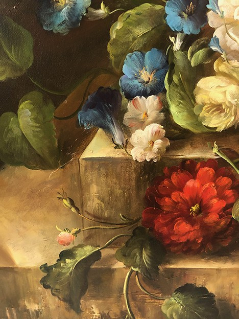 Large process on canvas enhanced by hand, bouquet of flowers on entablature