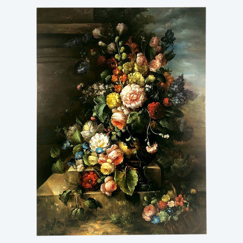 Large process on canvas enhanced by hand, bouquet of flowers on entablature