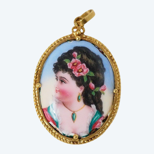 Pendentif En Or Jaune Et Porcelaine