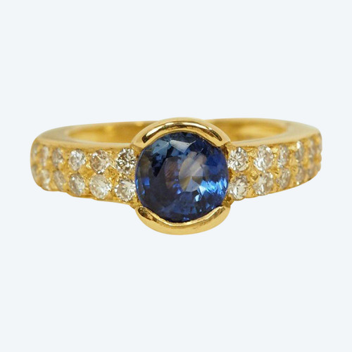 Bague En Or Jaune, Saphir De Ceylan Et Diamants