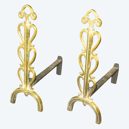 Pair of small landiers andirons in bronze, 1950s
