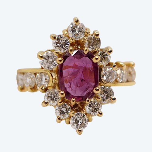 Ring In Yellow Gold, Central Ruby And Diamonds