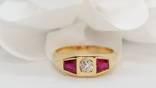 Bague En Or Jaune, Diamant Et Rubis