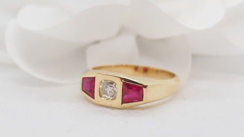 Bague En Or Jaune, Diamant Et Rubis