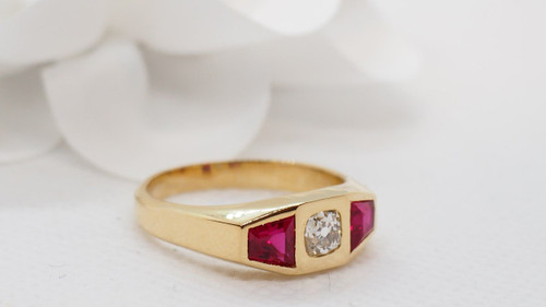Bague En Or Jaune, Diamant Et Rubis