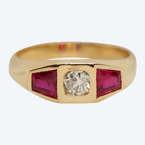 Bague En Or Jaune, Diamant Et Rubis