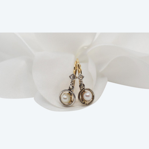 Boucles d'Oreilles Anciennes En Or Bicolore, Perles Fines Et Diamants Taille Roses