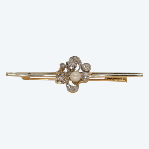 Broche Ancienne En Or Jaune et platine , Perle Fine Et Diamants