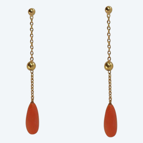 Boucles d'Oreilles En Or Jaune Et Corail en gouttes