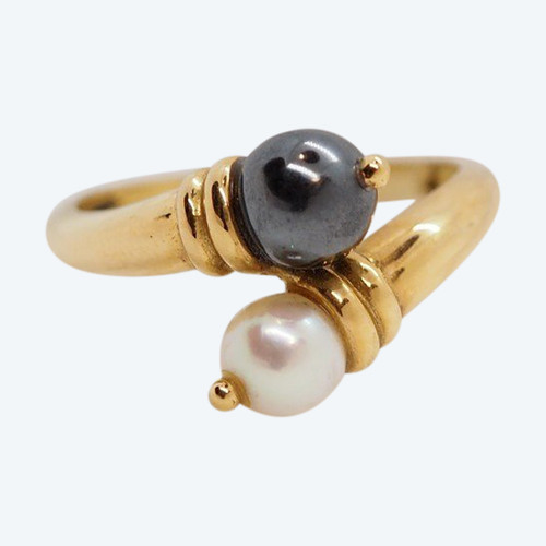 Bague Toi & Moi En Or Jaune, Perle Et Hématite