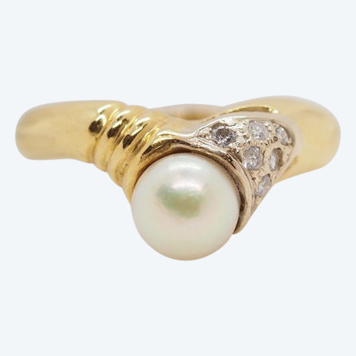 Anello In Oro Giallo, Perla Coltivata E Diamanti