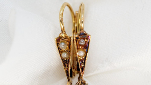 Boucles d'Oreilles Anciennes  En Or Jaune Et Perles Fines