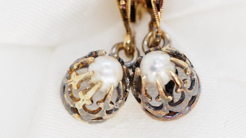 Boucles d'Oreilles Anciennes  En Or Jaune Et Perles Fines