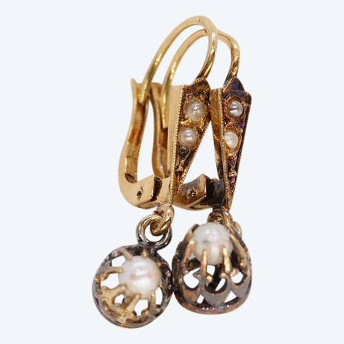 Boucles d'Oreilles Anciennes  En Or Jaune Et Perles Fines