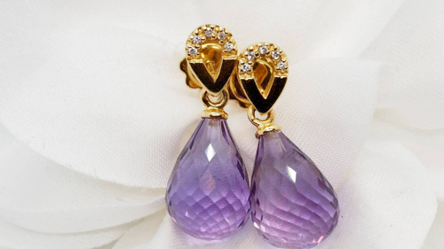 Boucles d'Oreilles En Or Jaune, Améthystes Briolettes Et Diamants
