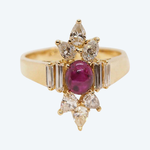 Bague Fleur En Or Jaune, Cabochon De Rubis Et Diamants