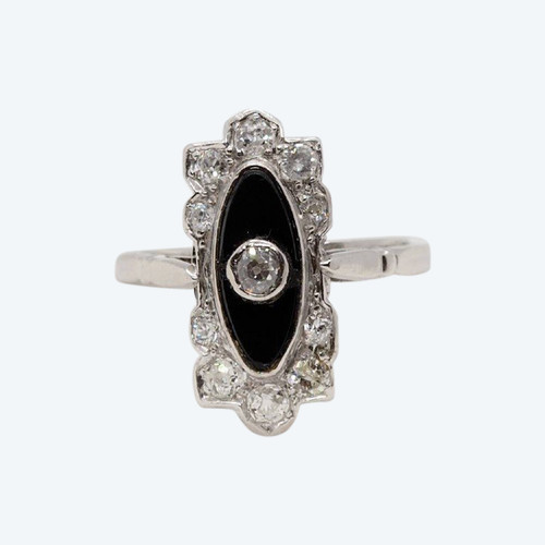 Anello Art Déco In Platino, Onice E Diamanti
