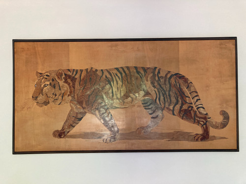 Grande pannello intarsiato in legno esotico, Tigre del Benghale, firmato Rosenau, circa 1930
