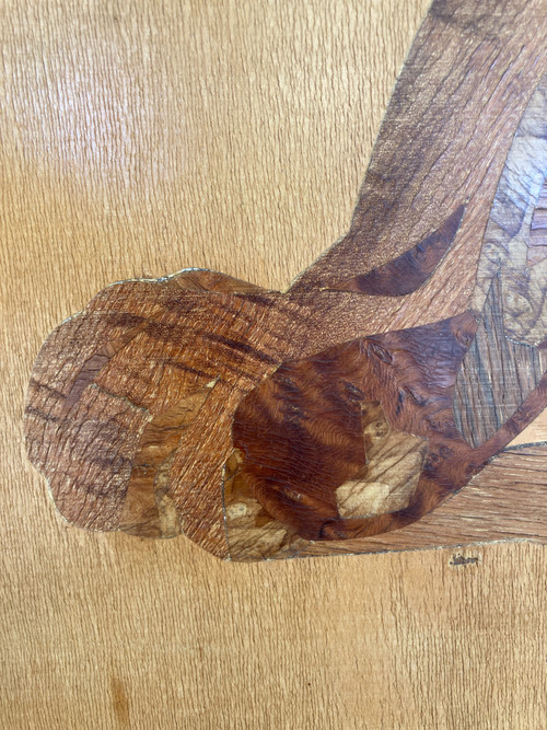 Grande pannello intarsiato in legno esotico, Tigre del Benghale, firmato Rosenau, circa 1930