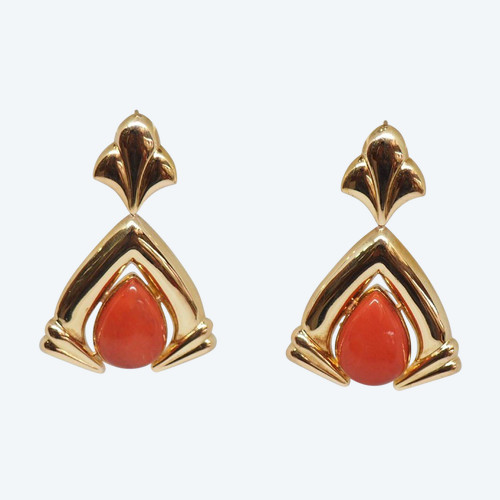 Boucles d'Oreilles Vintage En Or Jaune Et Corail