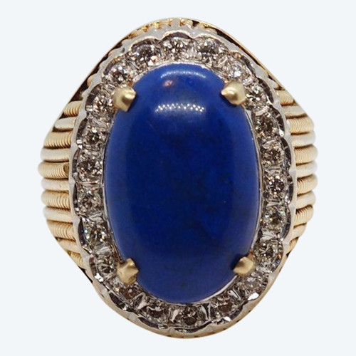 Bague En Or Jaune et blanc, Cabochon De Lapis Lazuli Et Diamants