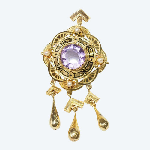 Napoleon III Pendant Brooch In Yellow Gold, Amethyst And Fine Pearls