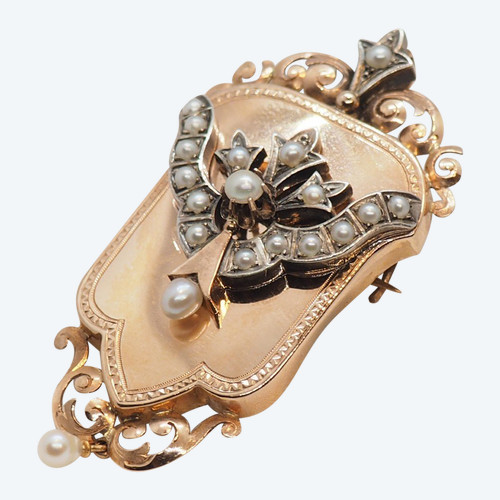 Broche  Pendentif Napoléon III En Or Rose, Ornée De Perles