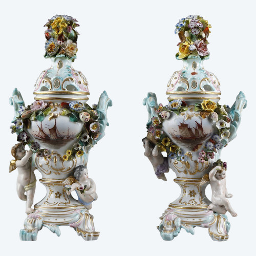 Pair of polychrome and gilded porcelain perfume burners from the Meissen factory