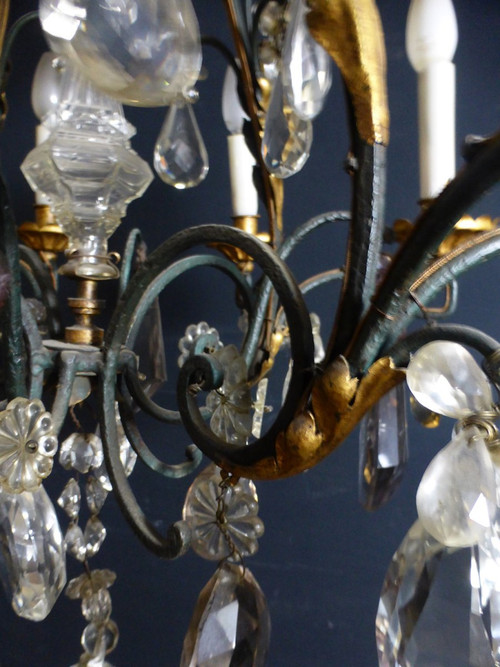 Lampadario a gabbia in ferro battuto e dorato